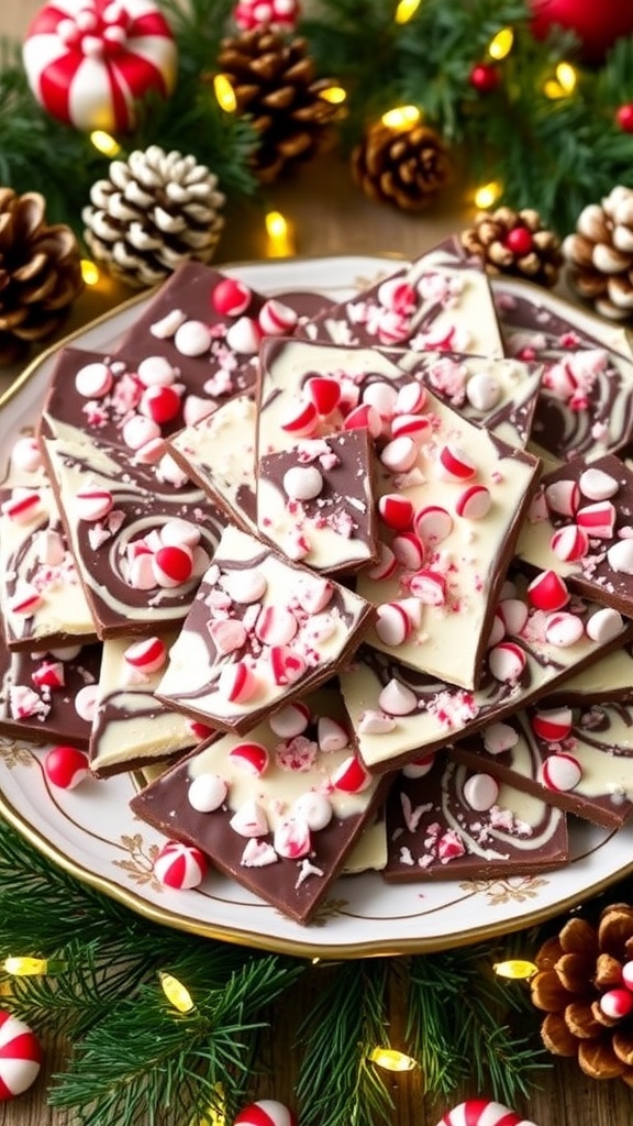 A colorful display of peppermint bark with dark and white chocolate layers, garnished with crushed peppermint candies, on a festive plate.